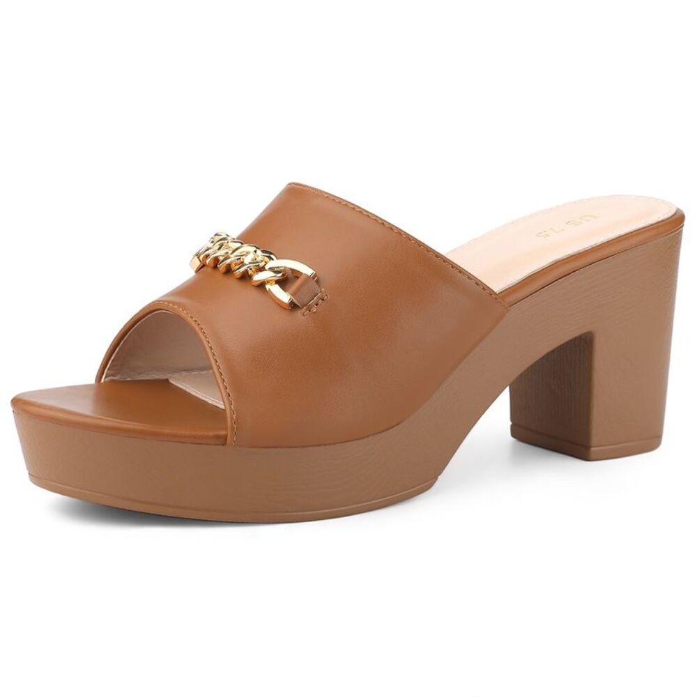 Open Toe Platform Block Heel Slides Sandals Brown